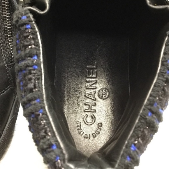 VNTG CHANEL HI TOP LEATHER TWEED TRIM CLASSIC SNEAKERS DOUBLE ZIPPER PULL - Picture 5 of 11